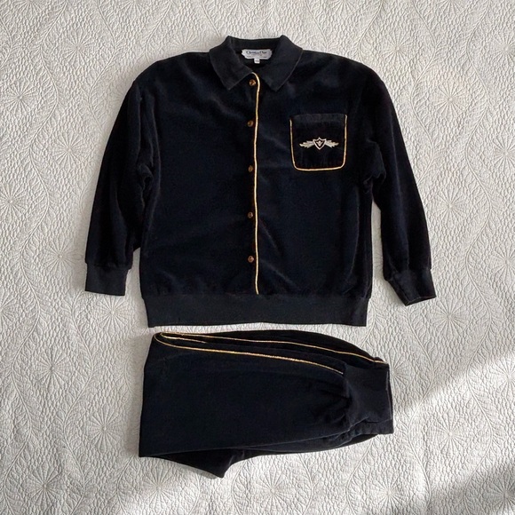 Dior Pants - Vintage 1980s CHRISTIAN DIOR Loungewear Petite Velour Tracksuit Jacket Pants